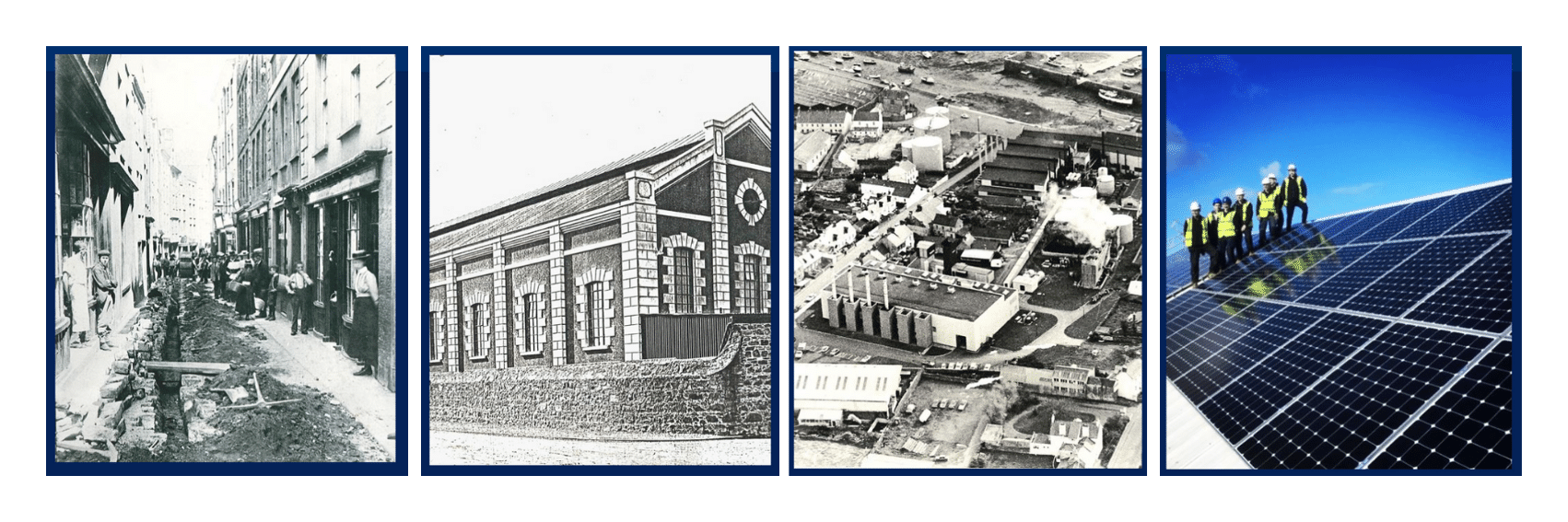 Image 1: Cables laid in Le Bordage. Image 2: Electricity House. Image 3: The power Station. Image 4: Local Solar PV