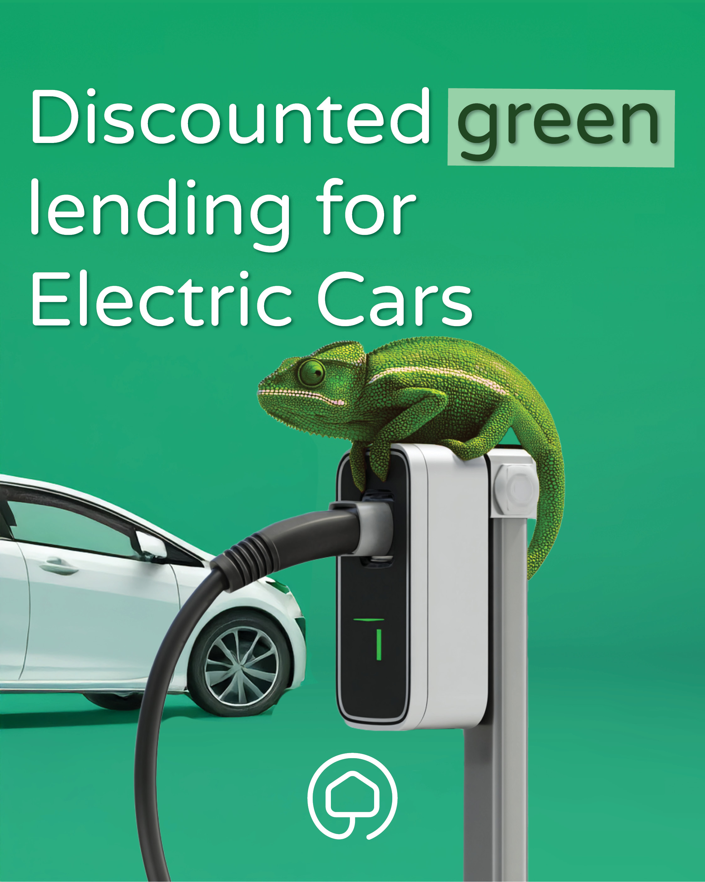 Chameleon sat on an electric vehicle charger advertising the green lenders directory