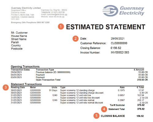 Example statement for a customer on Economy 12 paying by standing order