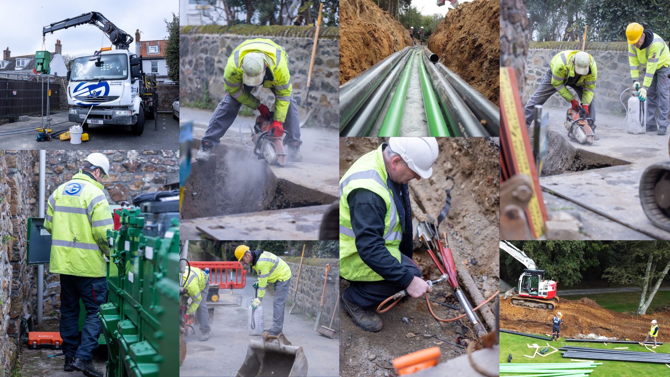 A collage showing Guernsey Electricity employees fixing a cable fault in the road