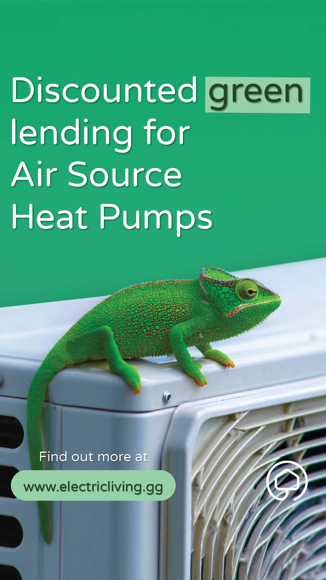 Chameleon sat on an air source heat pump advertising the green lenders directory